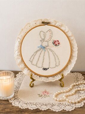Hand-Embroidered Lace Hoop Art in Cream with Blue and Red Accents